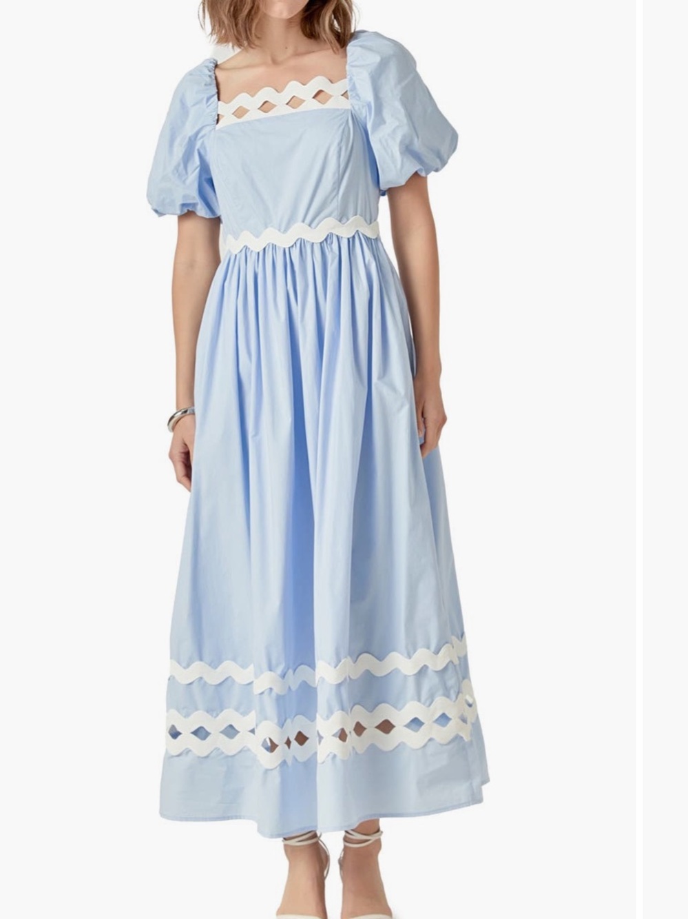 English Factory Powder Blue Puff Sleeve Cotton Midi Dress XS NWT - Picture 2 of 11